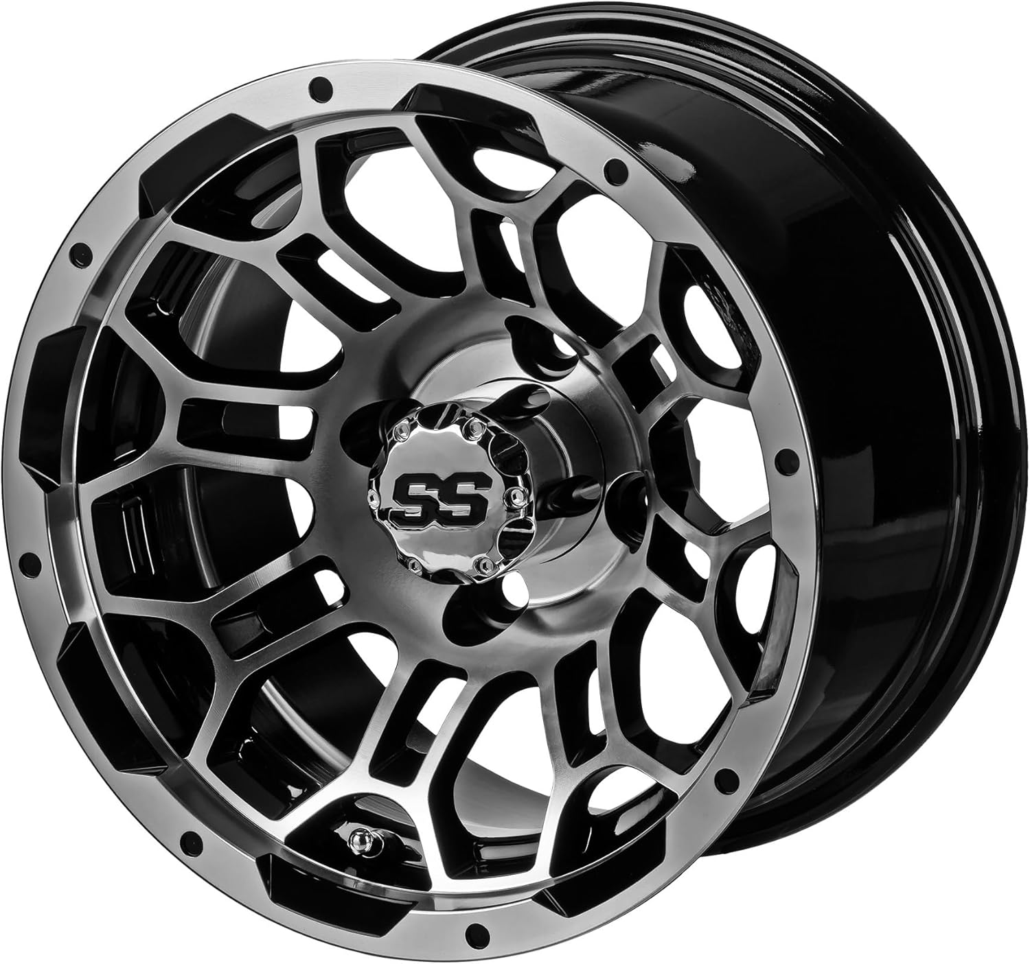 RM Cart 14" Hercules Black/Machined on a 23x10R14 Sierra Rover Radial Tire (Set of 4) | Golf Cart Tires and Wheels Combo with Standard Lug Nuts