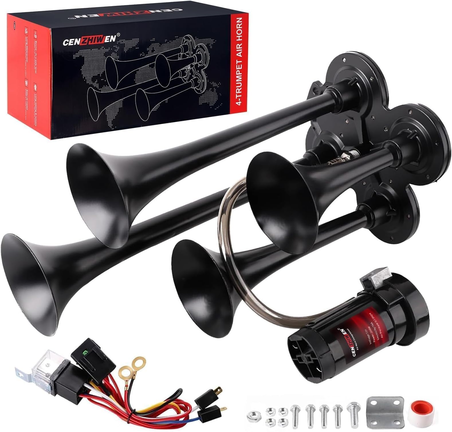 Train Horn for truck Kit-4 Trumpet Metal Air Horns replacement Drill horn 12V 150dB Ultra Loud with Compressor for pickup/motorhome/SUV/truck/train (black 4Trumpet)