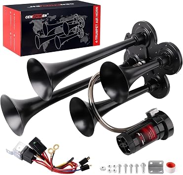 Train horn kit, suitable for trucks/cars/semi trailers. 4 speakers, ultra loud dB. The Air horn with compressor is suitable for pickup/motorhome/SUV/truck/train 12V 150db and other vehicles