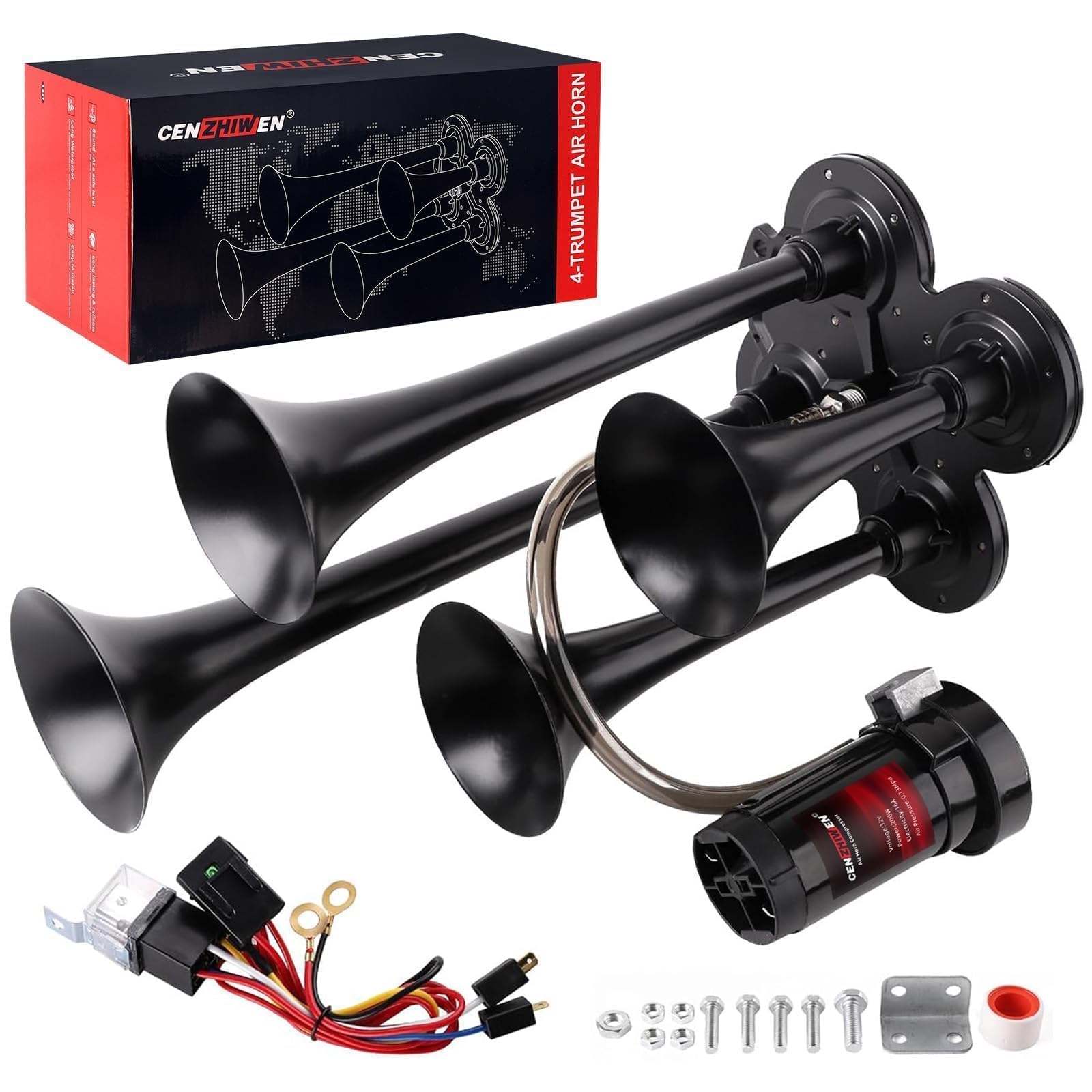 Train Horn Kit - 4 Trumpet Metal Air Horns replacement Dill horn 12V 150dB Ultra Loud with Compressor is suitable for pickup/motorhome/SUV/truck/train and other vehicles (4 speakers)
