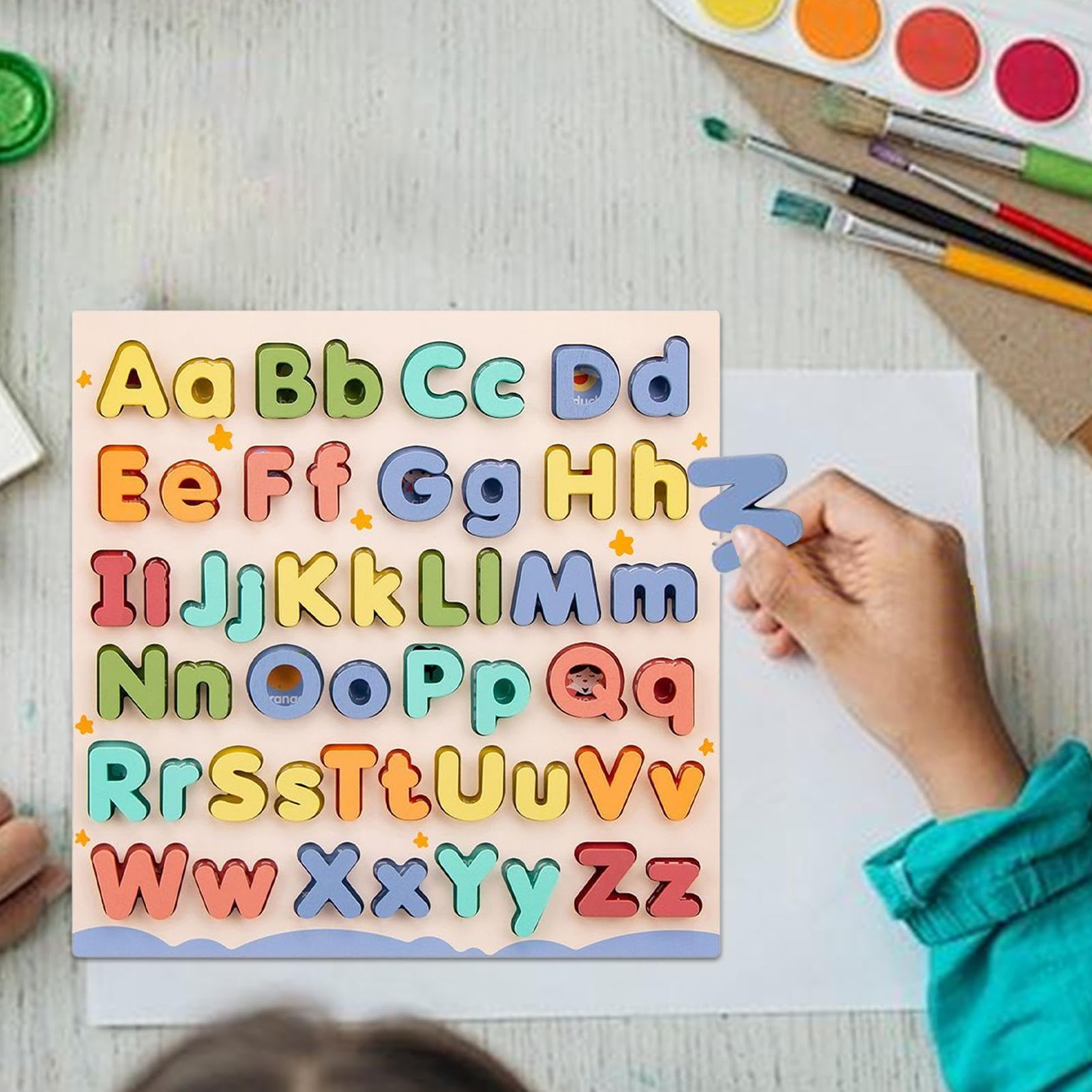 Puzzle Alphabet en Bois Montessori Jouet Éducatif Préscolaire Tableau Lettres Majuscules et Minuscules