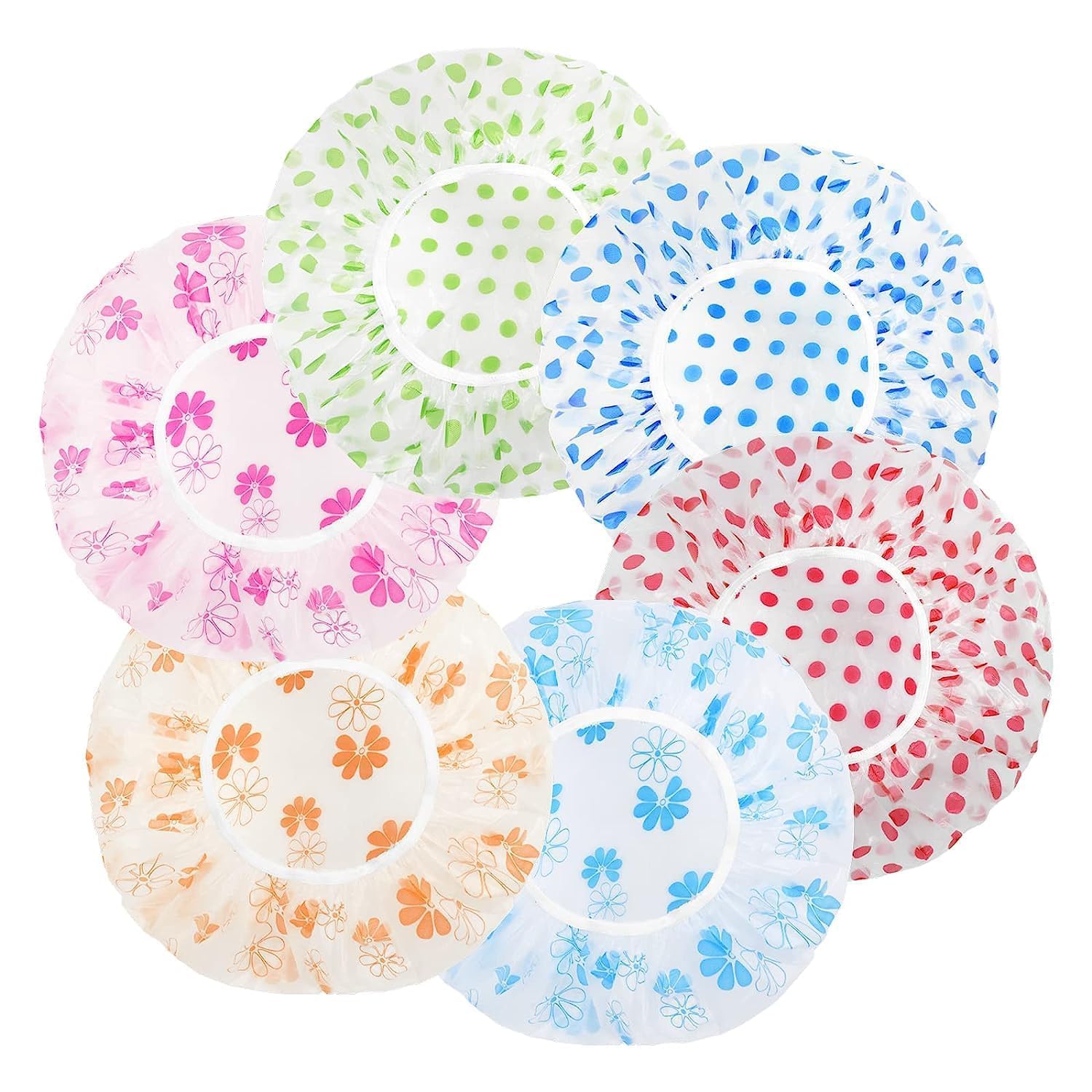BLUE CRANE Shower Cap Set of 6 for Women, Reusable Waterproof Elastic Eva Free-Size Bathroom Shower Caps - For Homes, Spas, Salons, Hair Treatment, Beauty Parlors (Multicolored and Multi-design)