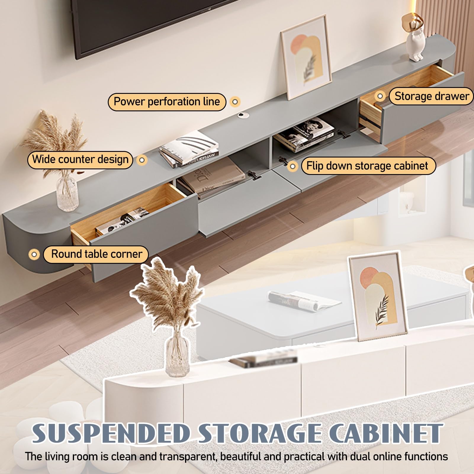 Schwebende TV-Einheit mit Schubladen und Stauraum, moderner wandmontierter TV-Schrank für Wohnzimmer, Schlafzimmer oder Media-Raum, Unterhaltung, Medienkonsole, Center mit schwebenden Regalen