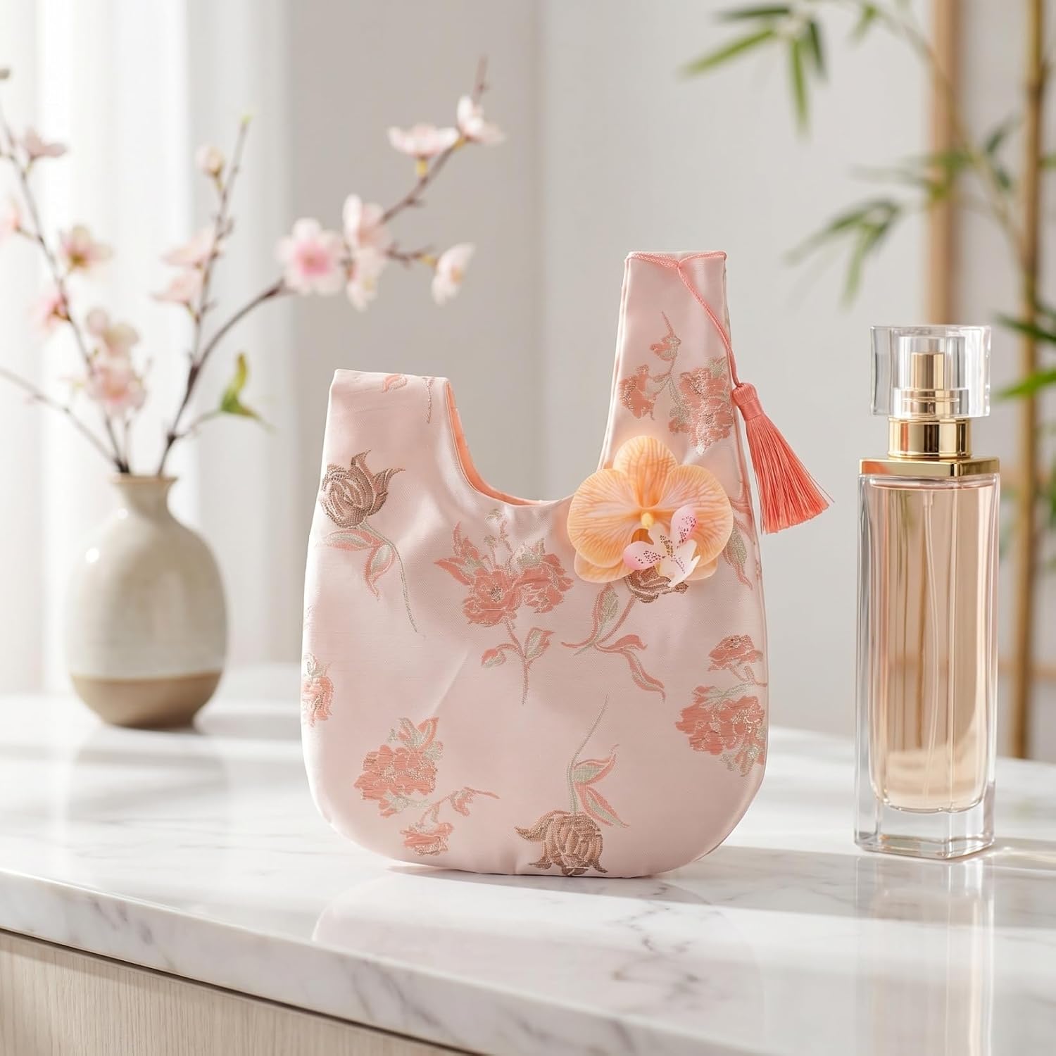 2pcs Japanese Knot Pouches, Chic Floral Wristlet Handbag with Tassel, Stylish Orchid Wrist Bag Sleeve Knot Bag Portable Canvas Tote Purse for Women Weddings Evening Parties