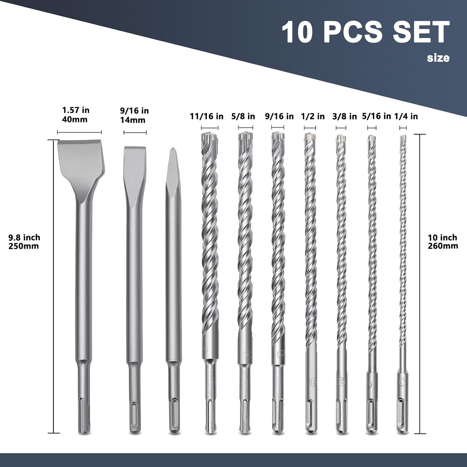 10 PCS 1/4 to 11/16 inch (6-18mm) SDS Plus Rotary Hammer Drill Bits and Chisel Set, 10 inch Length SDS Plus Masonry Drill Bits Set for Concrete, Brick, Cement，Masonry Work,10 inch Length Set