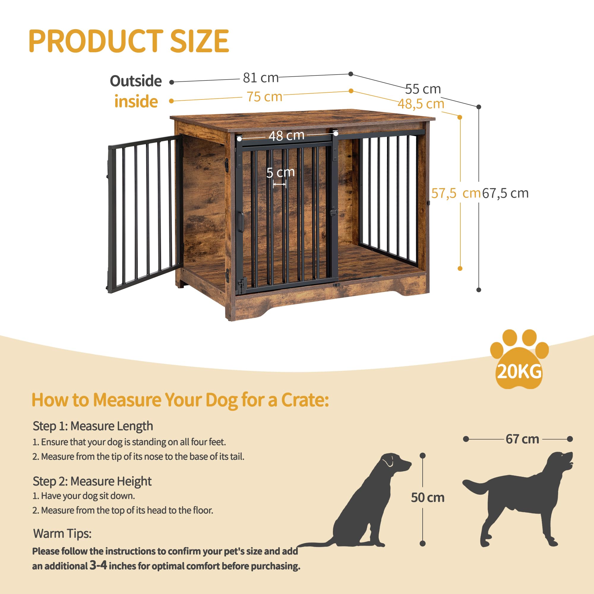 Hzuaneri Hundekäfig Möbel, 81cm hundebox für zuhause, Schiebetüren, 2 Türen, Moderne hundebox Holz Indoor für kleine/mittlere Hunde, Hundekäfig für Zuhause, 81 x 55 x 67,5cm, Vintagebraun DFC83601B