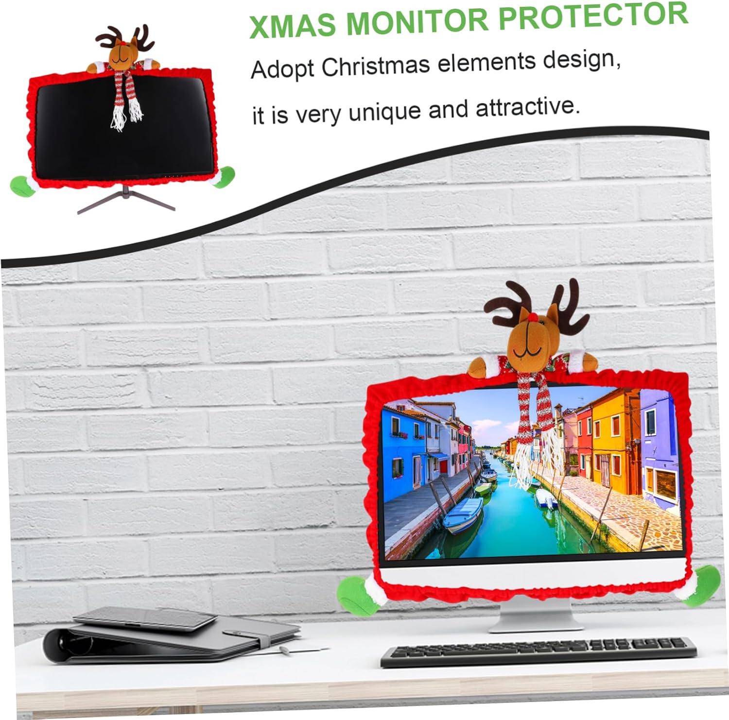 Xmas Computer Monitor Cover Elk Cloth Protective Decorative Frame image 4