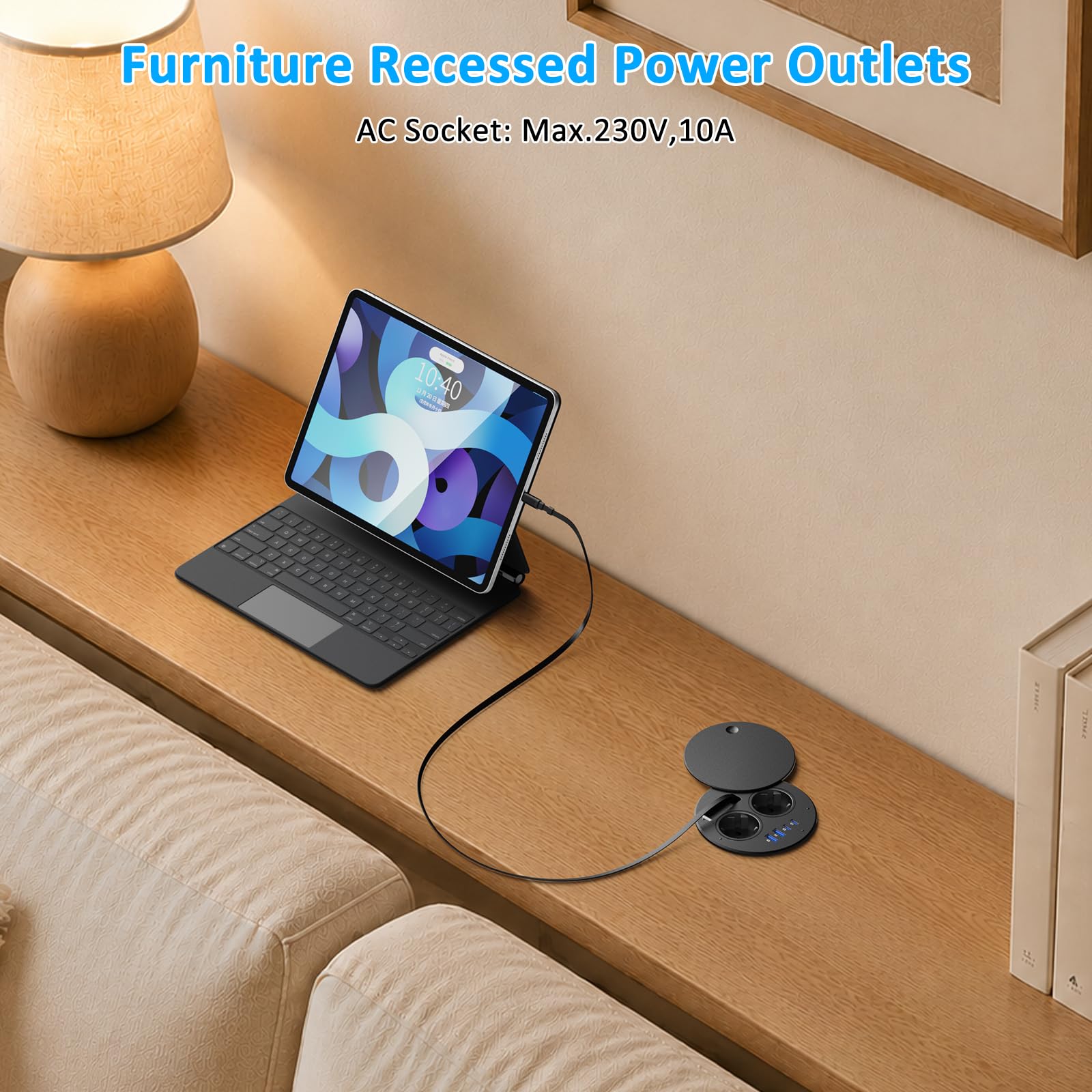 Toma empotrable encimera con USB C PD 35 W, multitoma empotrable de escritorio con tapa, bloque de enchufe escalable con cable de 1,8 m para cocina, oficina muebles