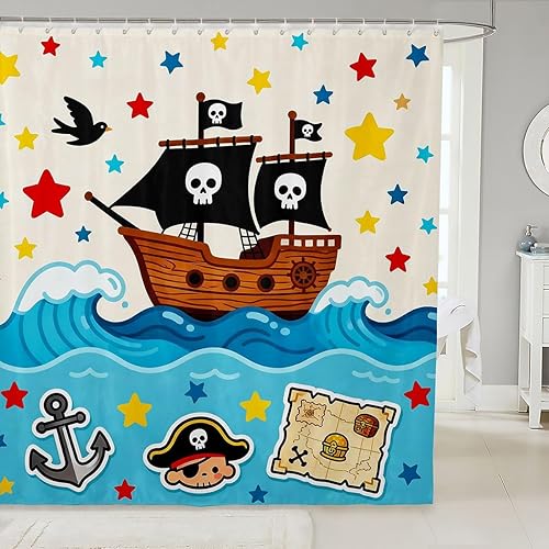 Miniatura 22 de Cortinas de ducha impermeables con diseño de barco pirata de caricaturas, tela de aventura marina, cortina de ducha de baño con peces submarinos,