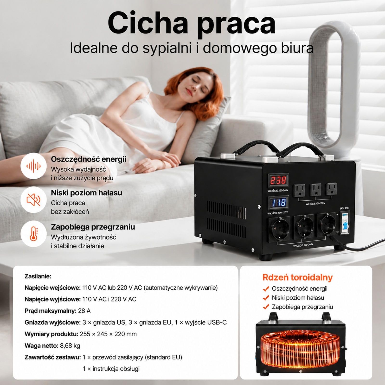 Transformator napięcia 3000VA 110 V na 220 V i 220 V na 110 V, 3 gniazda US, 3 złącza EU, metalowa obudowa z uchwytem