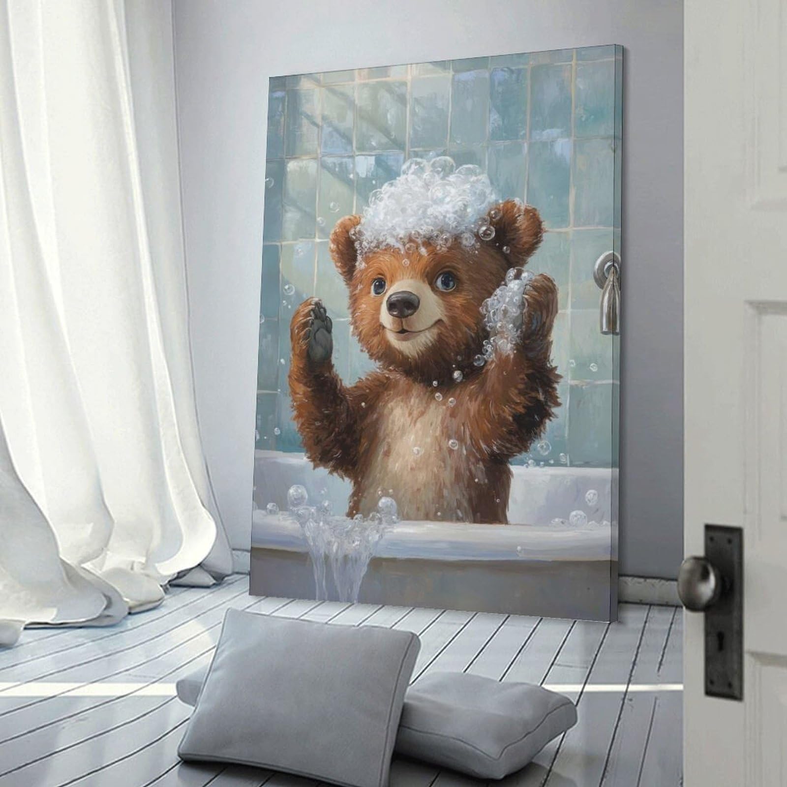 Junmoney Frame-Style-18 Decorative Canvas Print Bear In A Bubble Bath, 16X24inch(40X60cm), For Home Office, Desk Area Or Studio, Home Office Artwork With Decorative Appeal