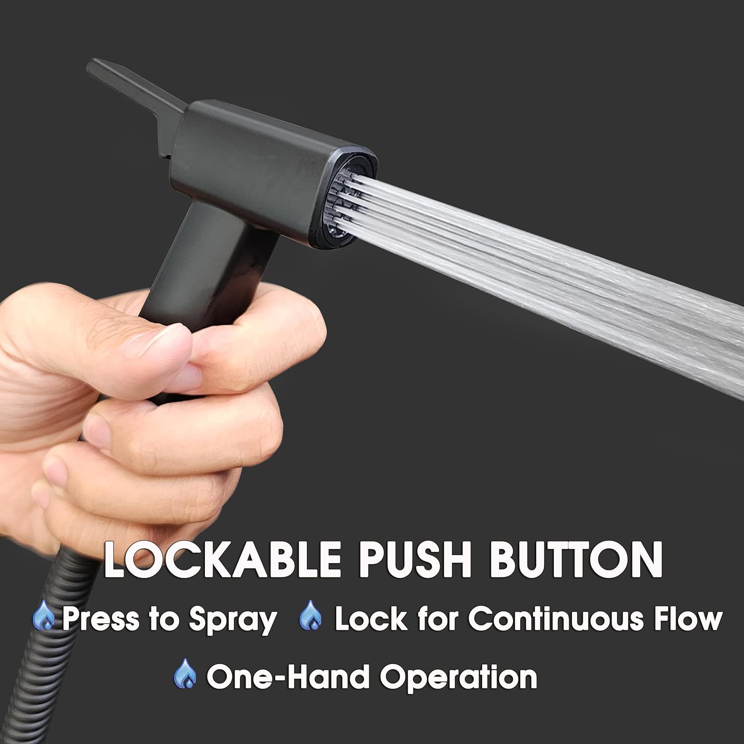 Handheld Bidet Sprayer for Toilet, Lockable Push Button, High Pressure Bathroom Sprayer, Cloth Diaper & Personal Hygiene Sprayer, Tank Mount No-Drill Install, Stainless Hose Set, Black Color