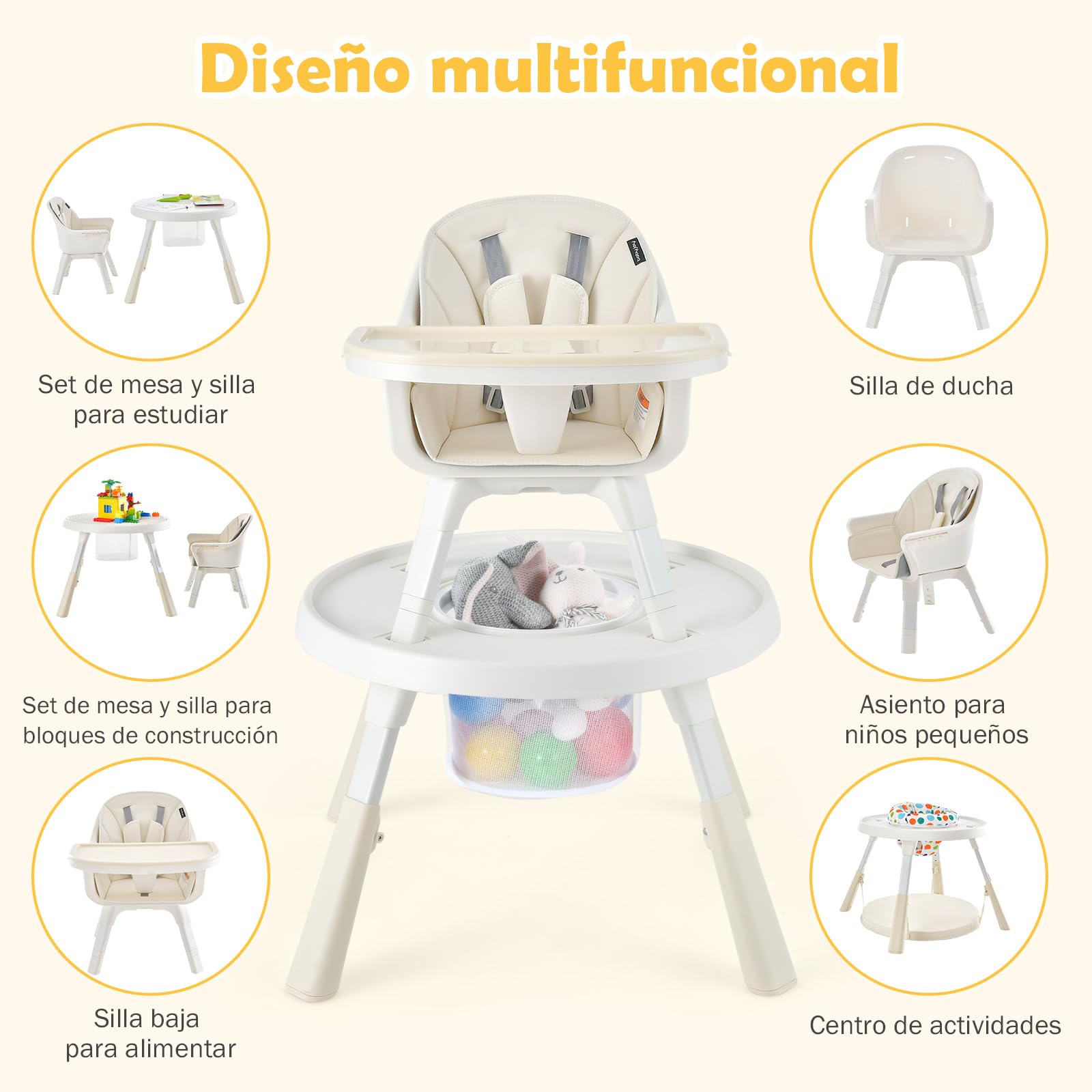 COSTWAY Trona para Bebe 6 en 1, Trona con Altura Regulable con Bandeja de 2 Niveles y Cesta, Centro Actividad para Niños Set Mesa y Silla con Bloques para Niños y Bebés de 4 a 72 Meses (Beige)