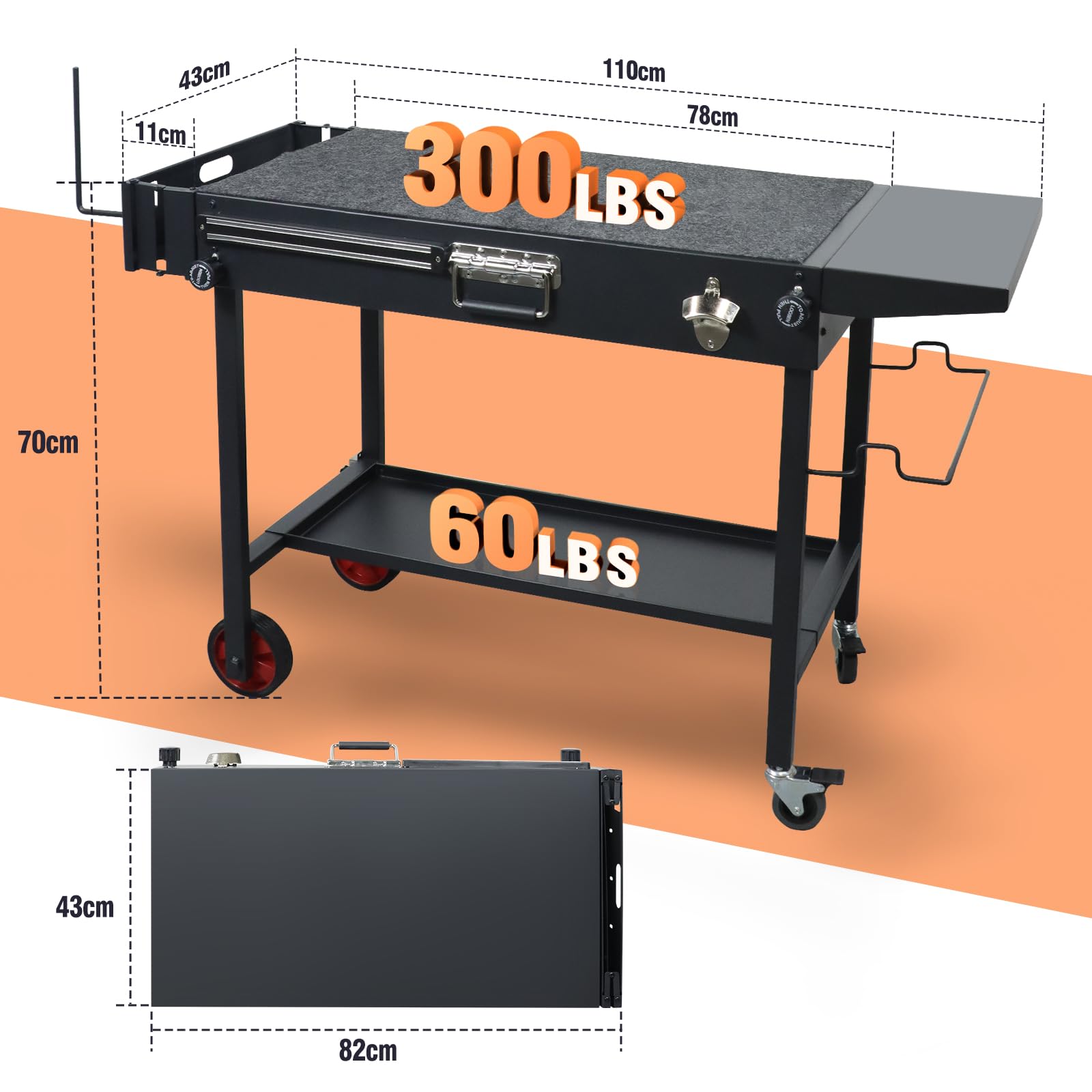Mesa de Barbacoa con Ruedas – Carro de Barbacoa Exterior Plegable con Gran Superficie de Trabajo, Estantes de Almacenaje y Soporte para Utensilios