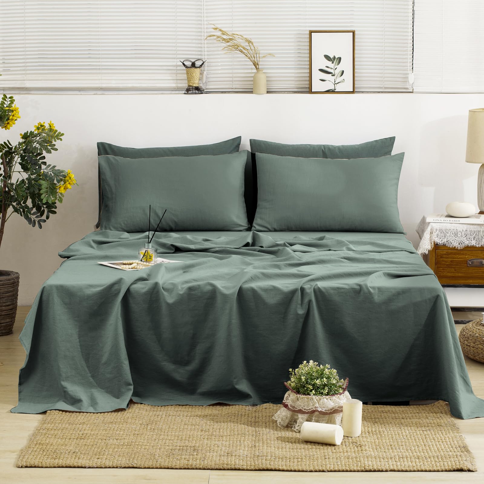TUMEI 4 Pieces 100% Stonewashed French Linen Bedding Sheets Set, 16" Deep Pocket, 1 Fitted Sheet & 1 Flat Sheet & 2 Pillowcases, Solid Color, Soft & Comfortable (Green, Super King Size)