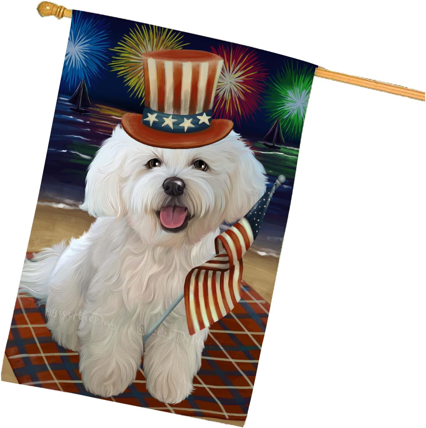 4th of July Fireworks Bichon Frise Dog House Flag - Outdoor Double Sided Pet Portrait Weather Resistant Premium Quality Home Decorative Flags - 100% Polyester 29"w x 43"h, HFLG48457