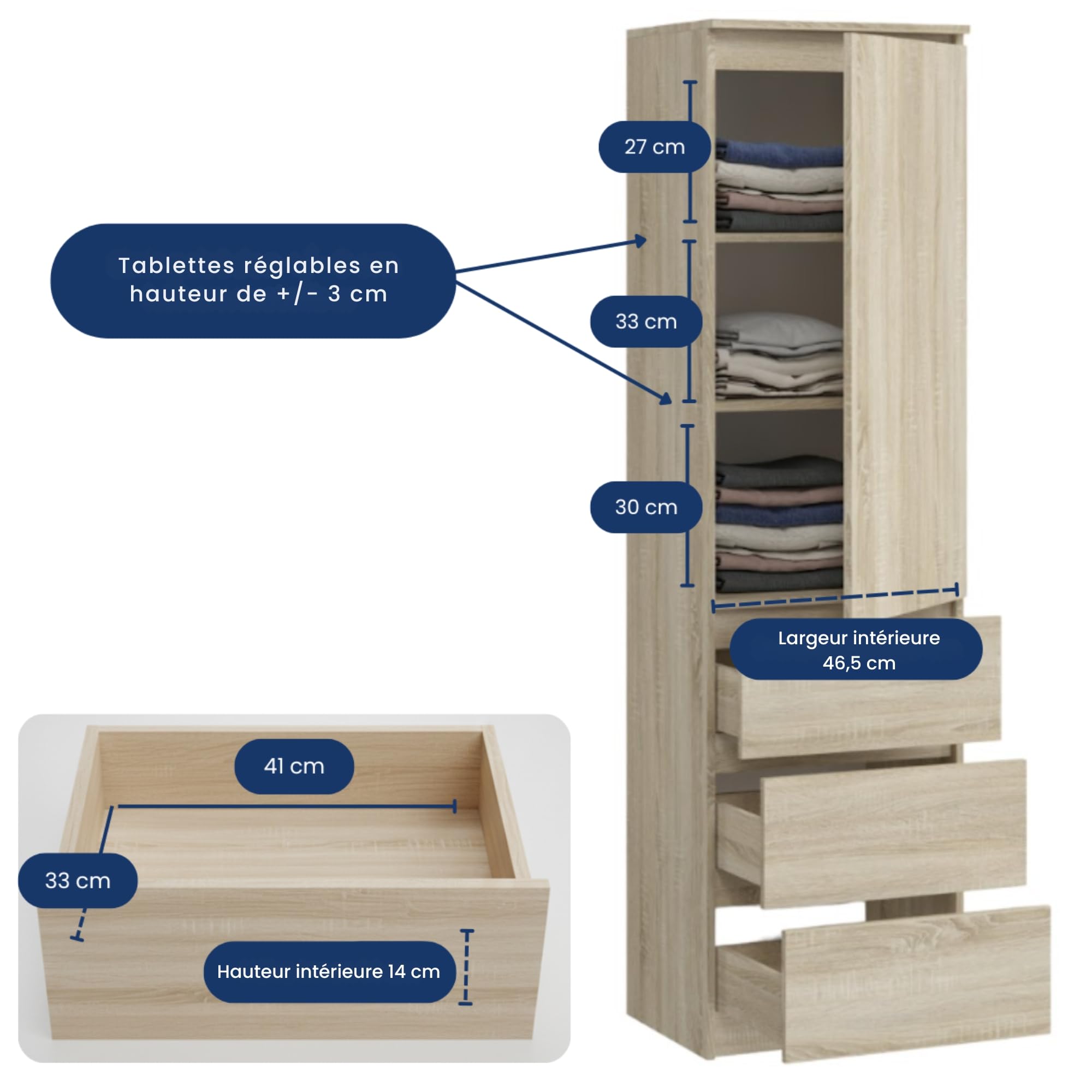 Home Collective Armoire Polyvalente avec 3 étagères et 3 tiroirs | Meuble Compact et Fonctionnel pour Chambre, Couloir ou Bureau | 40x50x180 cm (LxPxH) | Sonoma