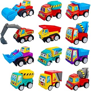 2" Pull Back Vehicles 12 Pack Assorted Mini Construction Truck Set - Perfect Easter Egg and Pinata Filler - Gift for Toddlers Boys Girls Kids Pull Back & Go Car Toy Play Set