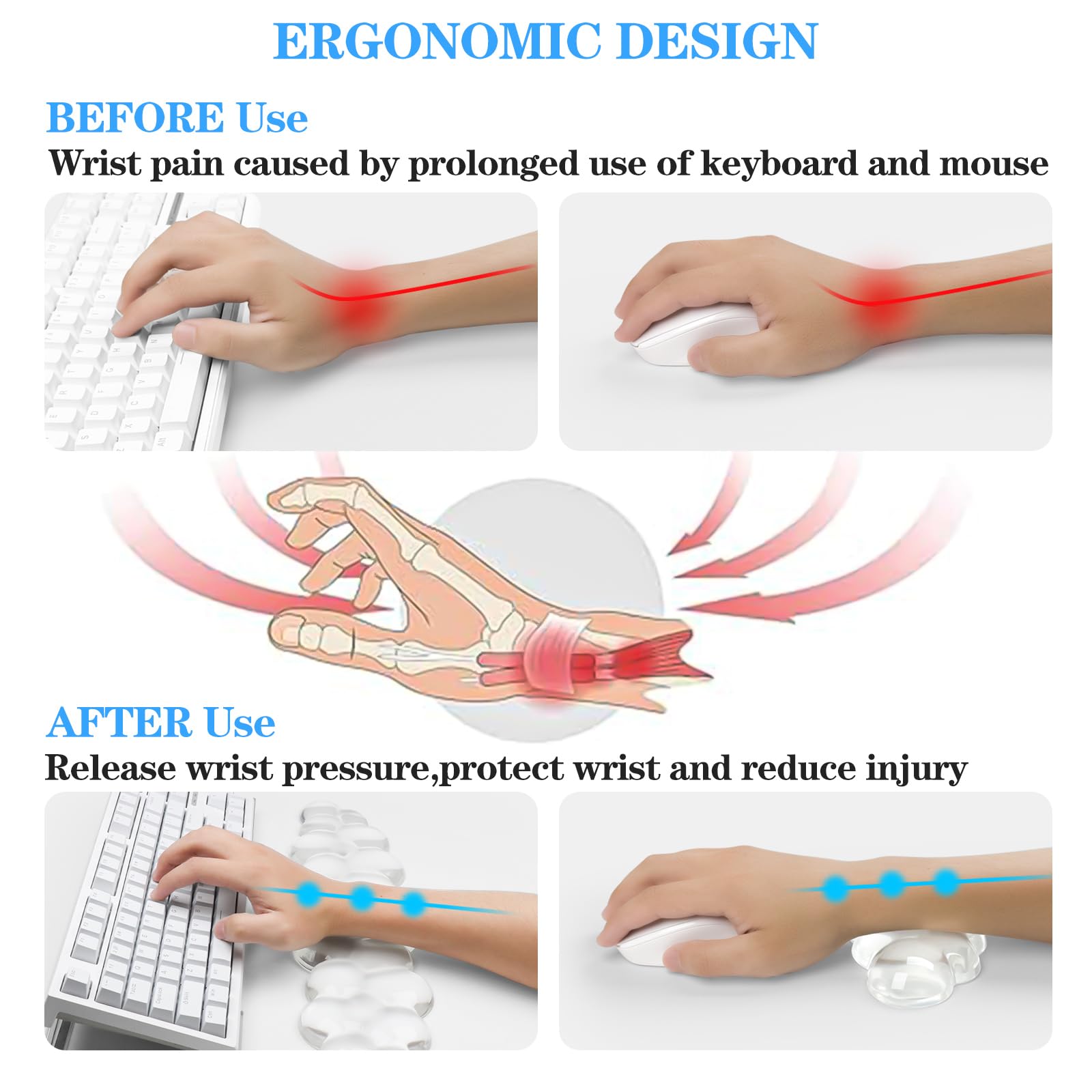 Supporto per tastiera in acrilico trasparente con gel Cloud tastiera e poggiapolsi per mouse, set 3 in 1 inclinabile ergonomico, allevia la digitazione dolorosa, per ufficio/computer/laptop/gaming