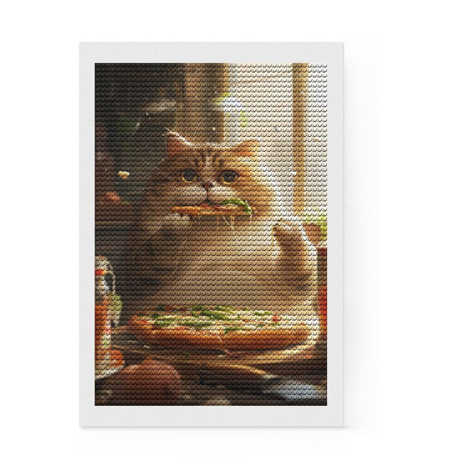 Junmoney Chubby Pizza Cat Full Drill Diamond Painting Kit 8"x12", Office Decor, for Beginners, Full Kit Included, Christmas Gift