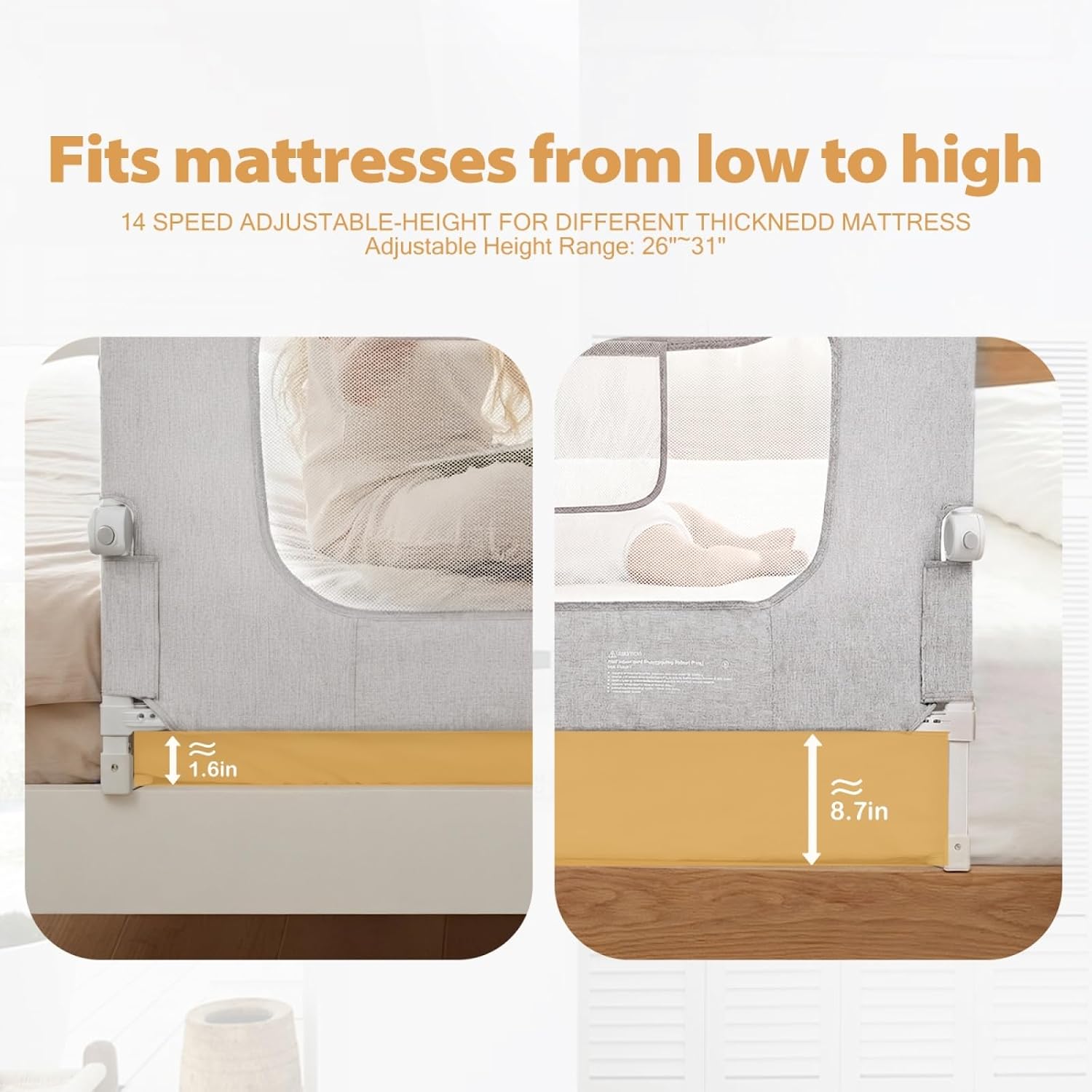 Foldable Bed Rail for Toddlers, Swing Down, 71in Bed Rail Guard with Stability Base, Breathable Child Safety Bed Bumpers, Fits Queen, King, Twin, Full, No Tools Needed (71in)
