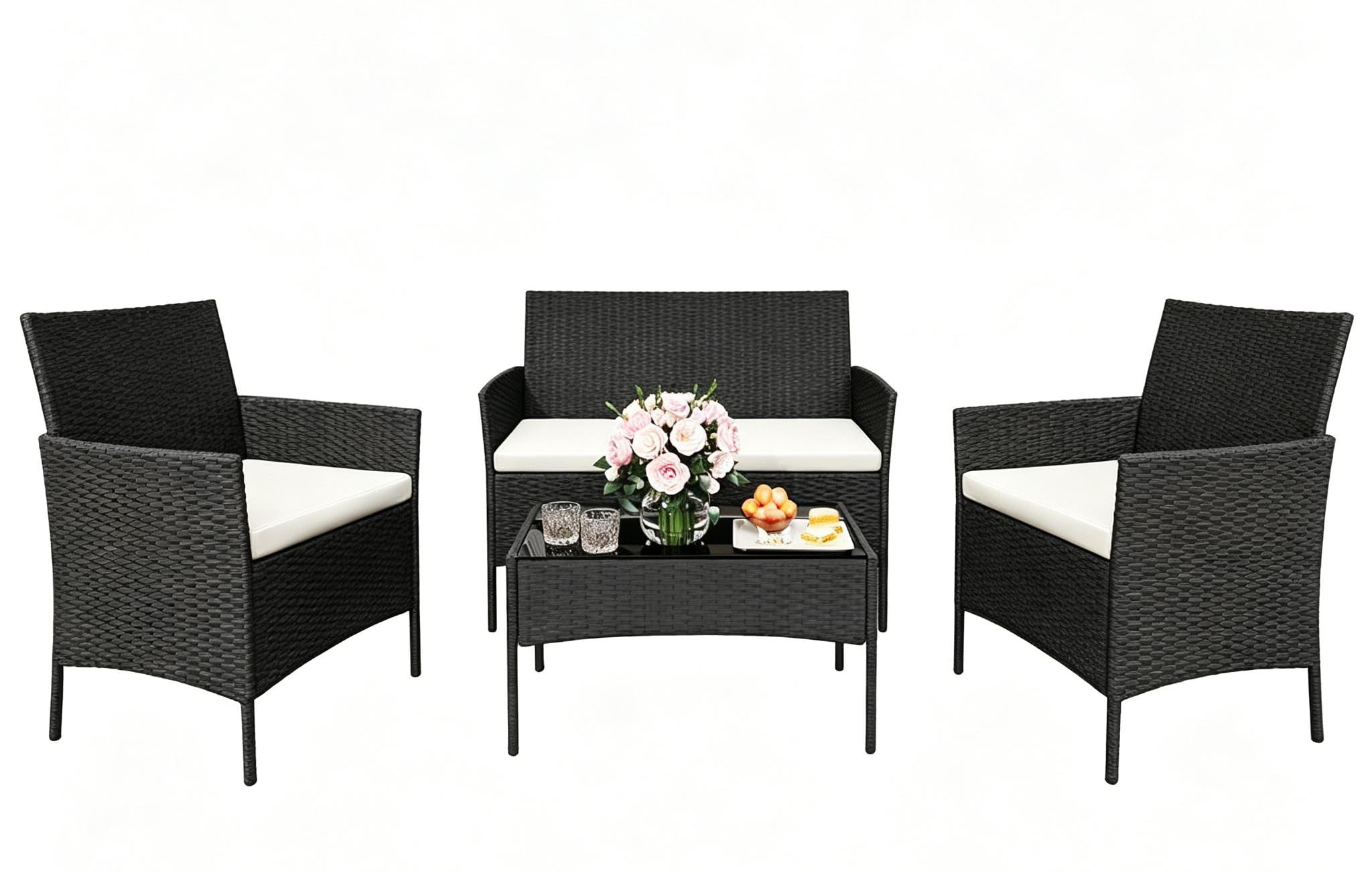 Photo 1 of ****PARTIAL SET - NO CUSHIONS**** Patio Furniture Set 4 Pieces, Outdoor Patio Furniture Set with Rattan Wicker Chairs, Glass Table and Cushions for Porch, Balcony, Backyard, Garden, Poolside, Brown & Red (Black and Beige, 4 Pieces)