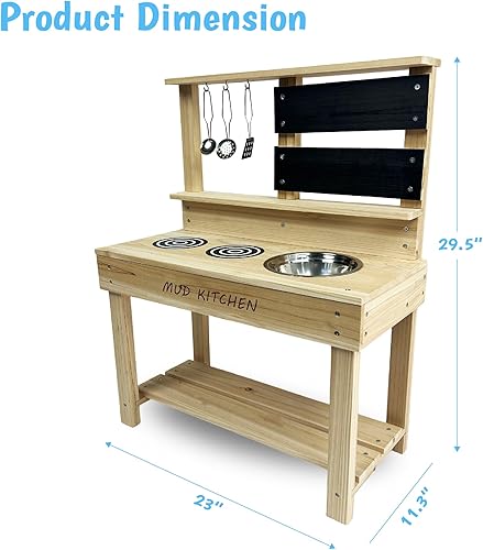 Miniatura 6 de Beipoo Cocina de barro, juego de cocina de juguete de madera, cocina de madera de abeto para niños con fregadero de agua, pizarra y accesorios de