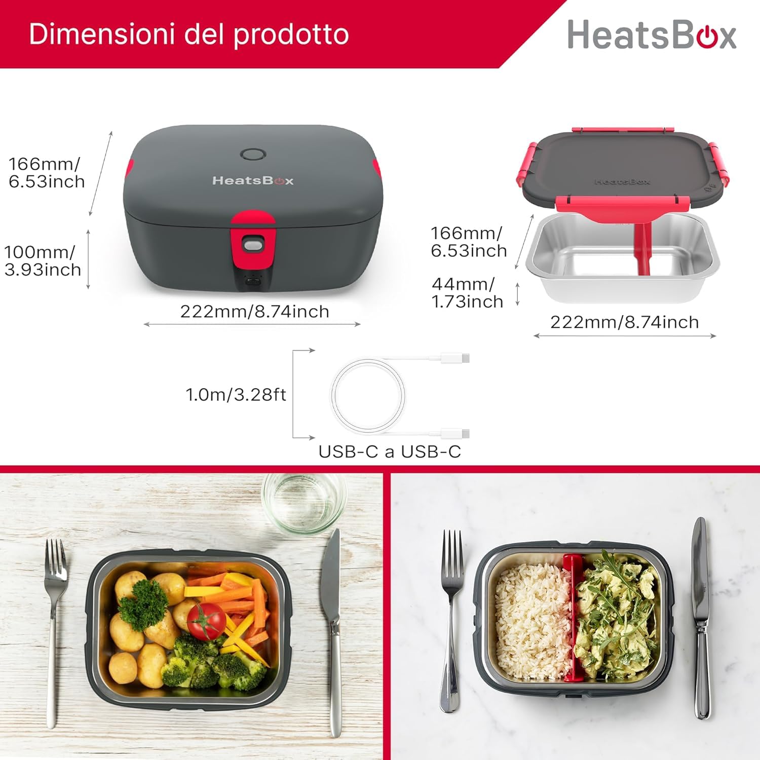 Faitron HeatsBox Go - Contenitore per il pranzo elettrico, per il riscaldamento degli alimenti, controllo tramite app, batteria integrata, ciotola in acciaio inox a tenuta stagna (925 ml), 100 Watt