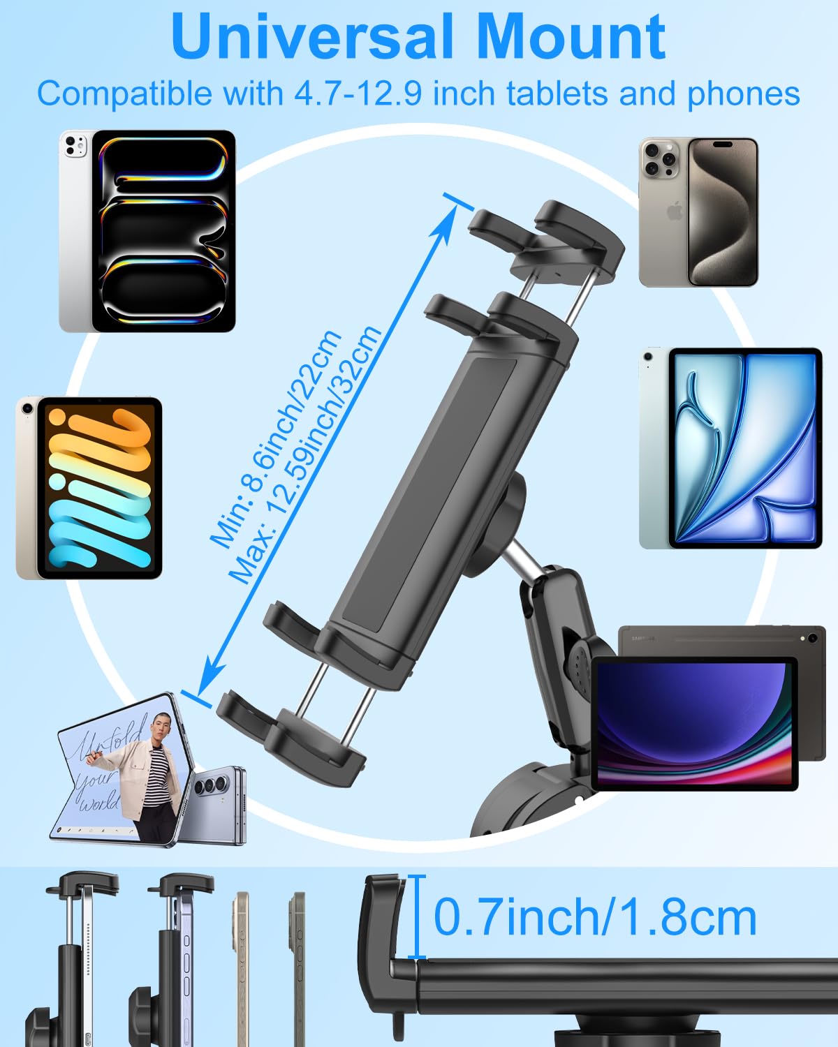 Support de tablette en métal pour iPad - Pour barre de fauteuil roulant, chariot de golf, poussette, vélo de fitness, vélo de route, VTT - Pince de guidon réglable à 360 ° pour iPad Pro, Air
