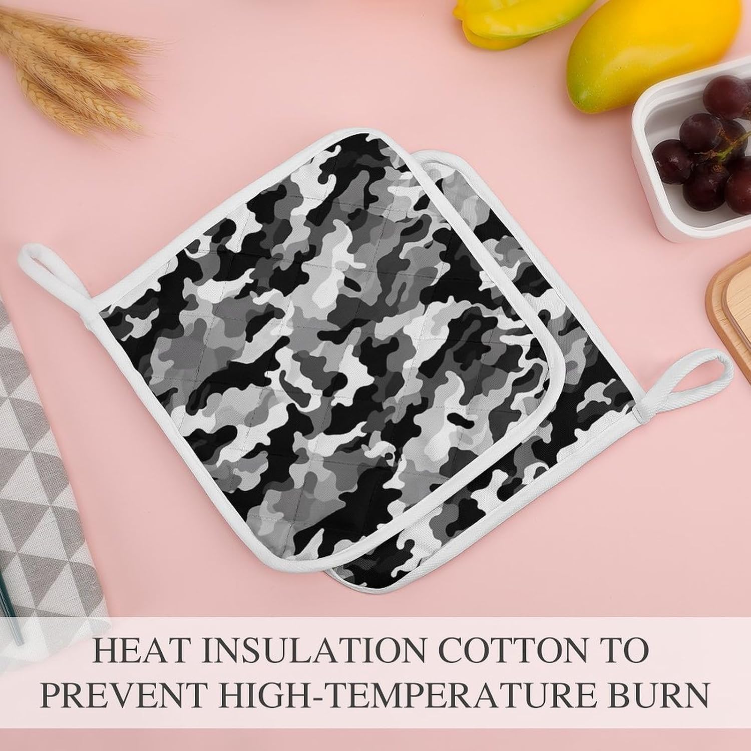 Black Grey White Camo Polyester Heat Resistant Pot Pad Non Slip Anti Scald Hot Dish Mat Reusable Table Protector for Kitchen Hot Pot Mat Wear Resistant Heat Proof Table Pad for Countertop Dining Room