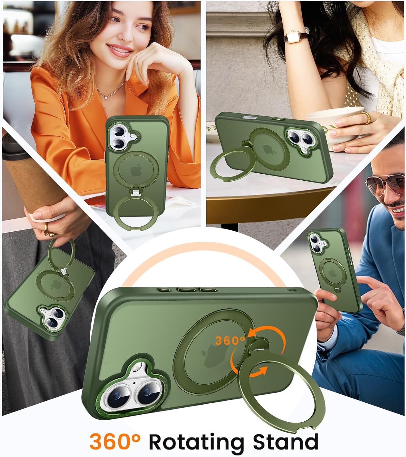 360° Spin Magnetic Stander for iPhone 17 Case [Compatible with Magnetic] [Built-in Kickstand] Mil-Grade Protective, Matte Non-Slip for iPhone 17 Phone Case(Green)