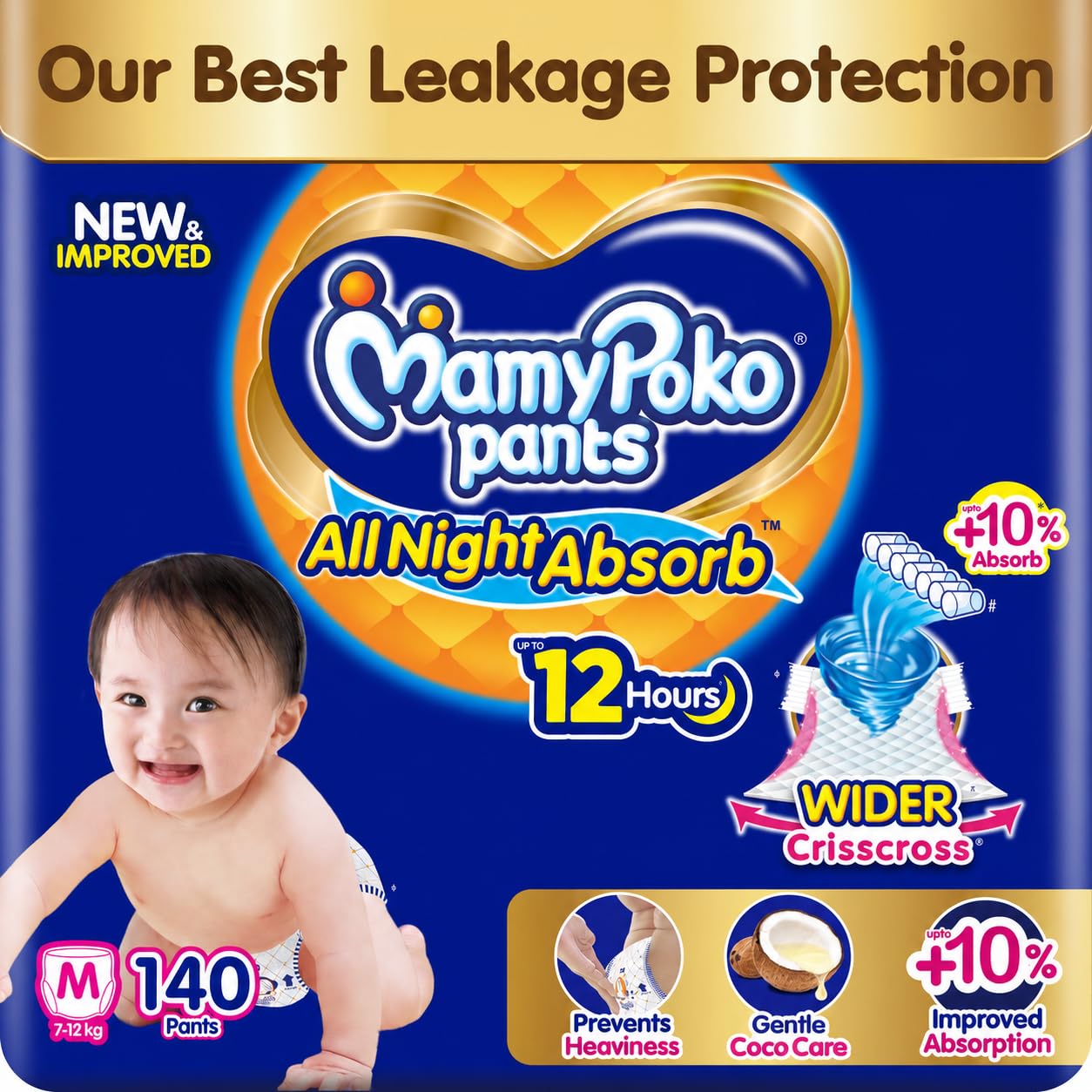 Mamypoko pants All night absorb| Pant Style Baby Diapers Medium Size(M), 140 Count, (70*2)vIdeal for 7-12Kgs|1 Diaper= Upto All night Absorption|Wider Crisscross Sheet|Gentle Coco Care| 12hr Leakage Protection| Prevents Heaviness.