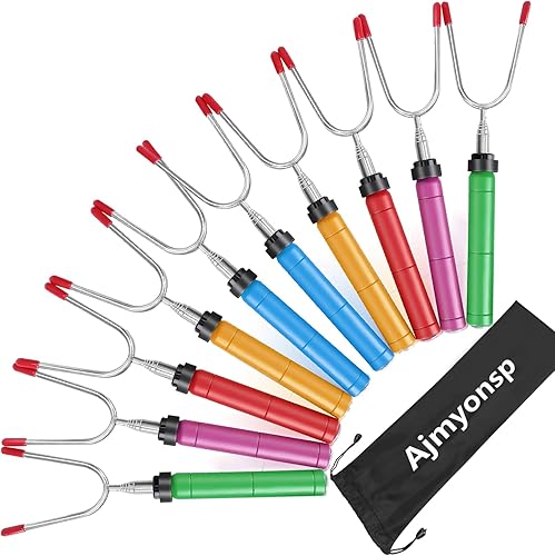 Palitos para asar malvaviscos de 34 pulgadas, paquete de 10 pinchos para fogatas en hogueras, tenedores telescópicos para perros calientes, extras,
