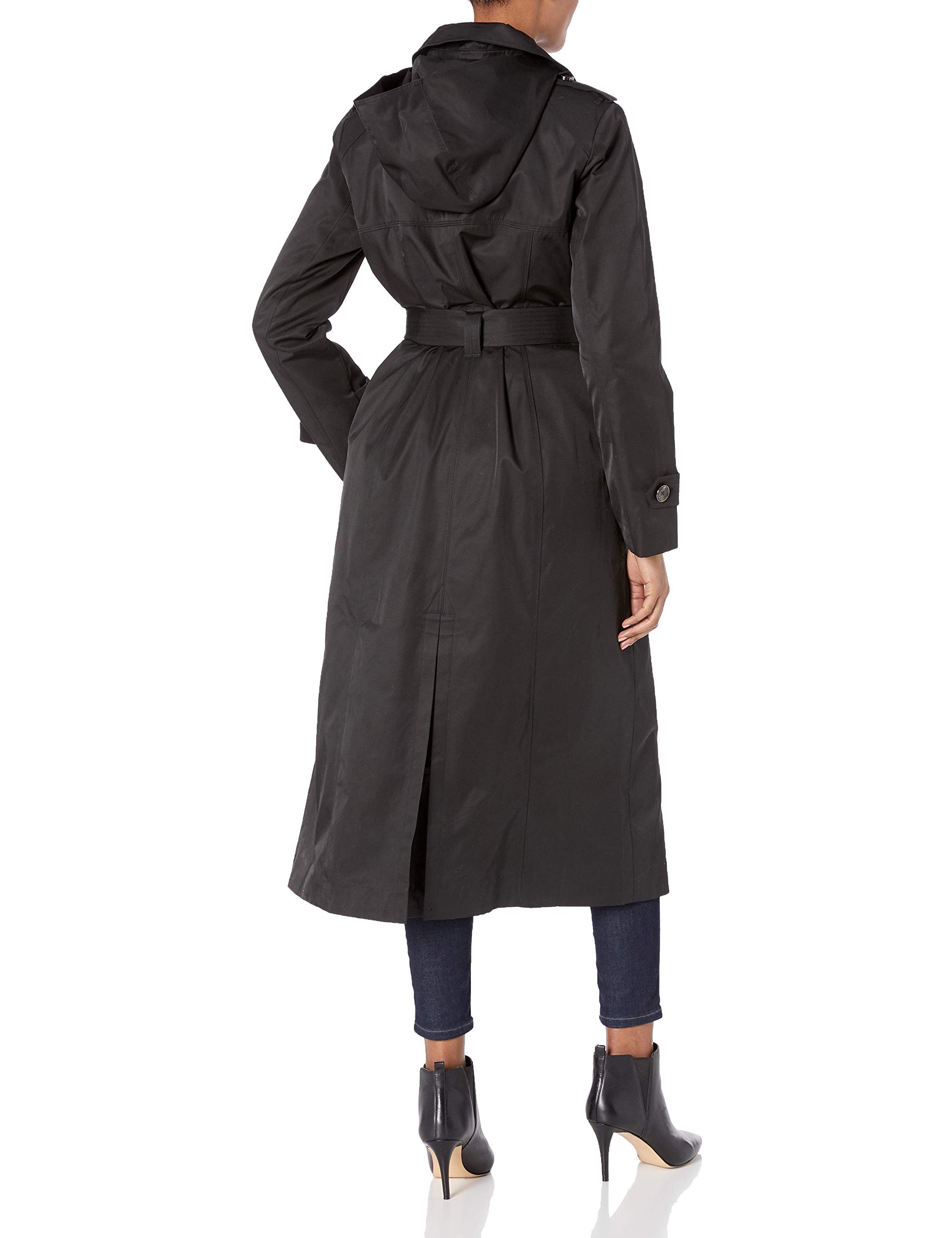 LONDON FOG Women's Single Breasted Long Trench Coat with Epaulettes and Belt, Black, Medium