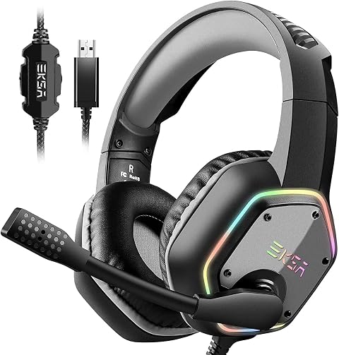 EKSA E1000 Cascos Gaming USB para PC, Over Ear Auriculares Gaming con Cable, Micrófono con Cancelación de Ruido, Sonido Envolvente 7.1, Luz RGB para Consola PS4 / PS5,Laptop