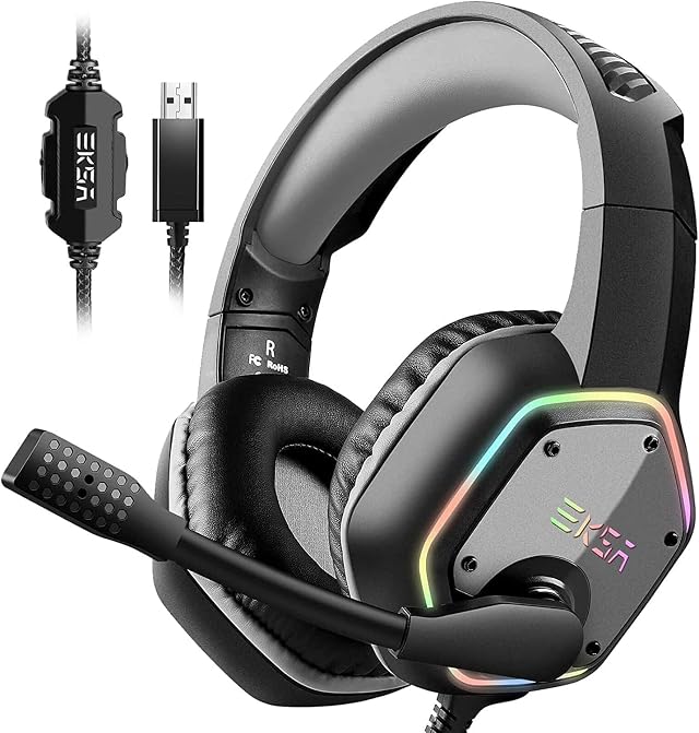 EKSA E1000 Cascos Gaming USB para PC, Over Ear Auriculares Gaming con Cable, Micrófono con Cancelación de Ruido, Sonido Envolvente 7.1, Luz RGB para Consola PS4 / PS5,Laptop