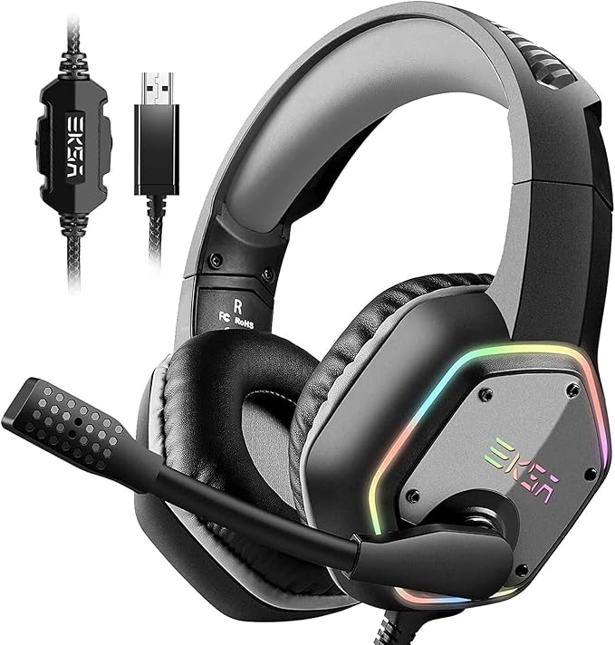 EKSA E1000 Cascos Gaming USB para PC, Over Ear Auriculares Gaming con Cable, Micrófono con Cancelación de Ruido, Sonido Envolvente 7.1, Luz RGB para Consola PS4 / PS5,Laptop
