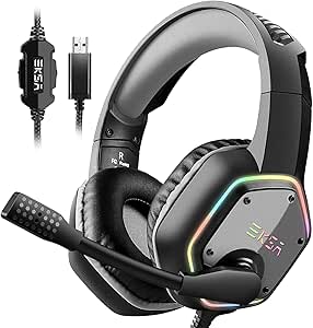 EKSA E1000 Cascos Gaming USB para PC, Over Ear Auriculares Gaming con Cable, Micrófono con Cancelación de Ruido, Sonido Envolvente 7.1, Luz RGB para Consola PS4 / PS5,Laptop