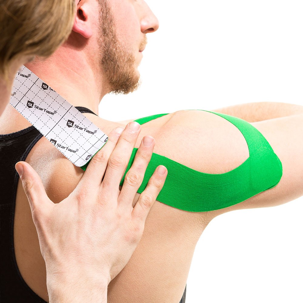 SL StarTape - Nastro kinesiologico elastico, in cotone, per fisioterapia, impermeabile, delicato sulla pelle, 5 x 550 cm, verde/giallo, set da 6 + forbici