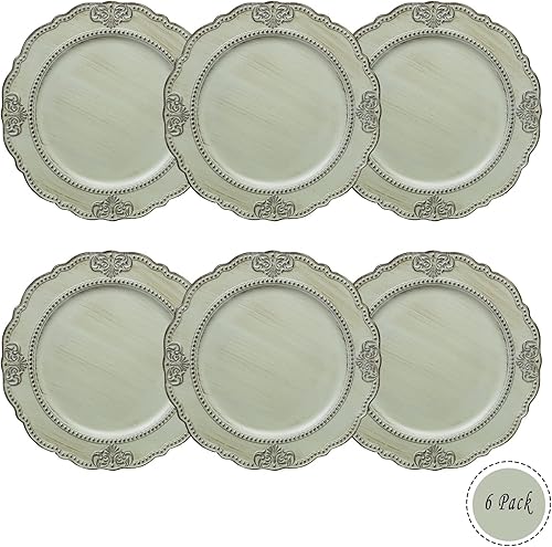 Miniatura 2 de Juego de 6 platos antiguos de color verde claro, cargadores de platos de 13 pulgadas para platos de cena, bodas, banquetes, fiestas