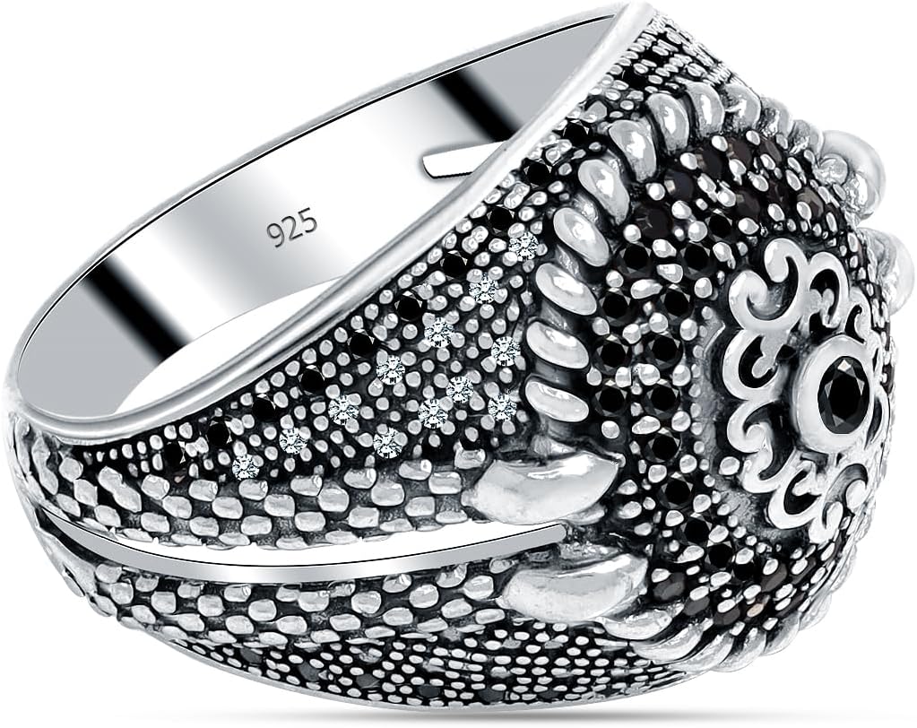 LeCalla Antique Rings for Men | 925 Sterling Silver Black Micro Stone Men's Statement Ring | Vintage Handmade Cubic Zirconia Stone-Studded Ring for Men | Men's Silver Rings with Black Zircon stone(Sizes 8-10 No.)