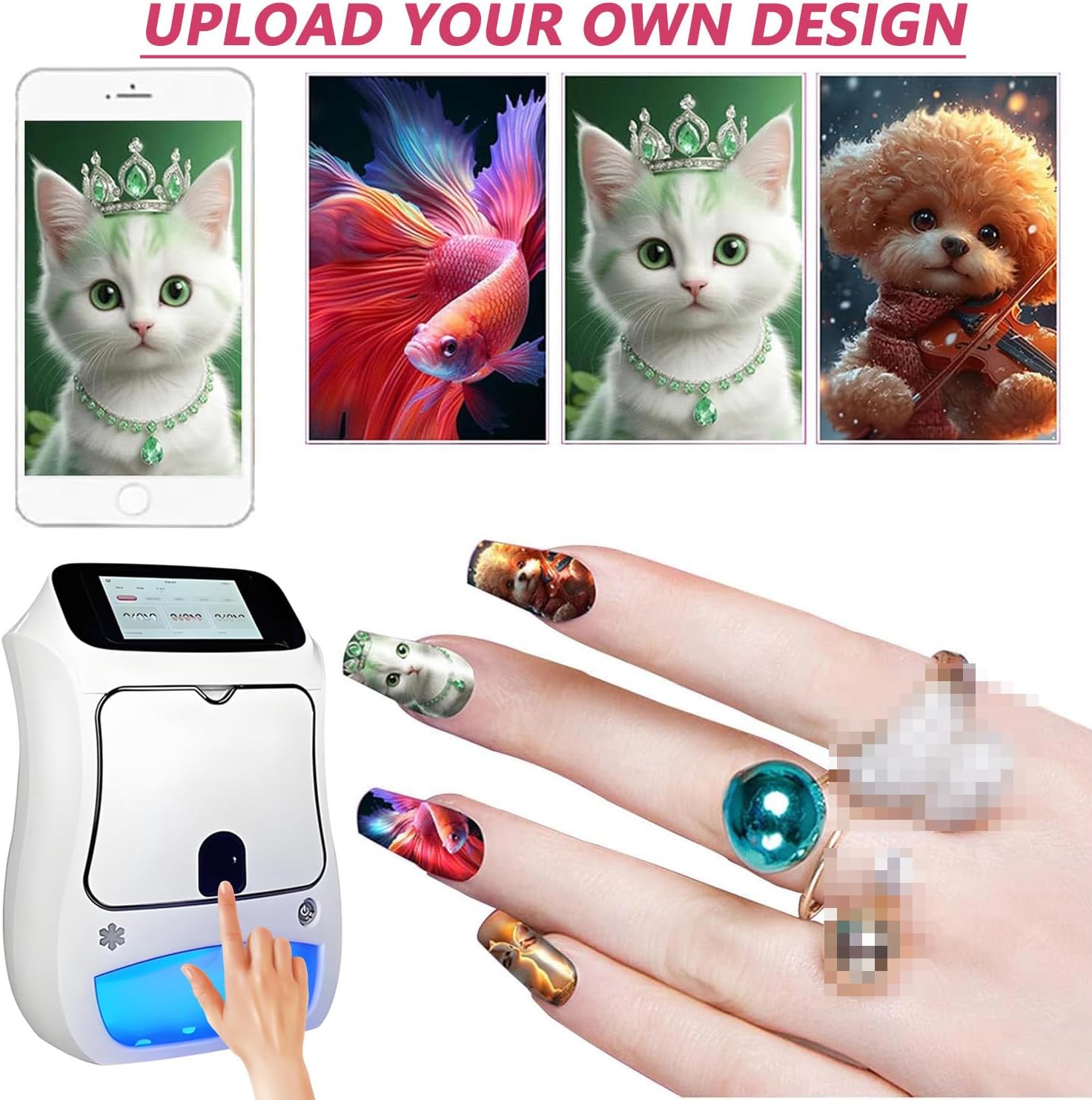 Automatic Nail Art Printer Machine with Smart Recognition - Electric Mini Nail Art Printer, 4800DPI High-Definition, Water-Based Ink, No Smudge Wear-Resistant Design, Perfect for Custom Nail Printing