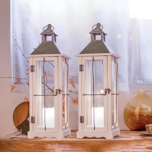 Miniatura 2 de Bdor 2 Pack 26in Farmhouse White Waterproof Wood Metal Decorative Lanterns with Remote Control, Timer, Tempered Glass, Flameless Pillar Candles