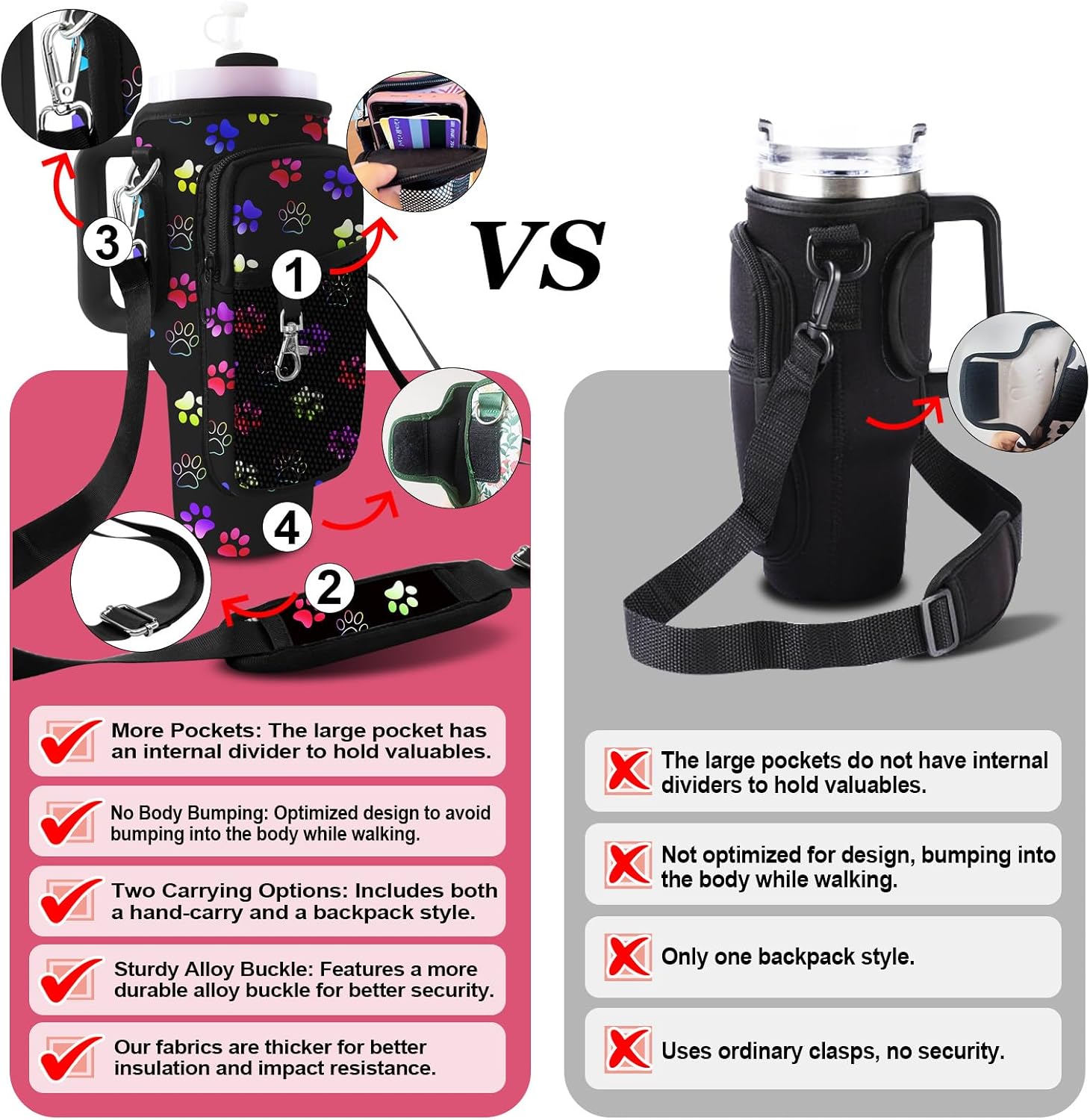 Stanley Carrier Bag for Stanley 40oz/30ozTumbler with Phone with 2 Adjustable Strap,3 Pockets Bottle Stanley Cup Carrier Bag & Case,Accessories for Hiking Travelling image 2