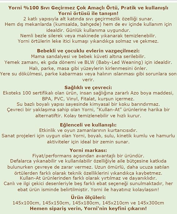 Yorni Su Geçirmez Yer/Masa Örtüsü, Aktivite, Yemek ve Oyun İçin, Doğa Dostu ve Çevreci, Ekoteks Sertifikalı,%100 Polyester, 150x150cm