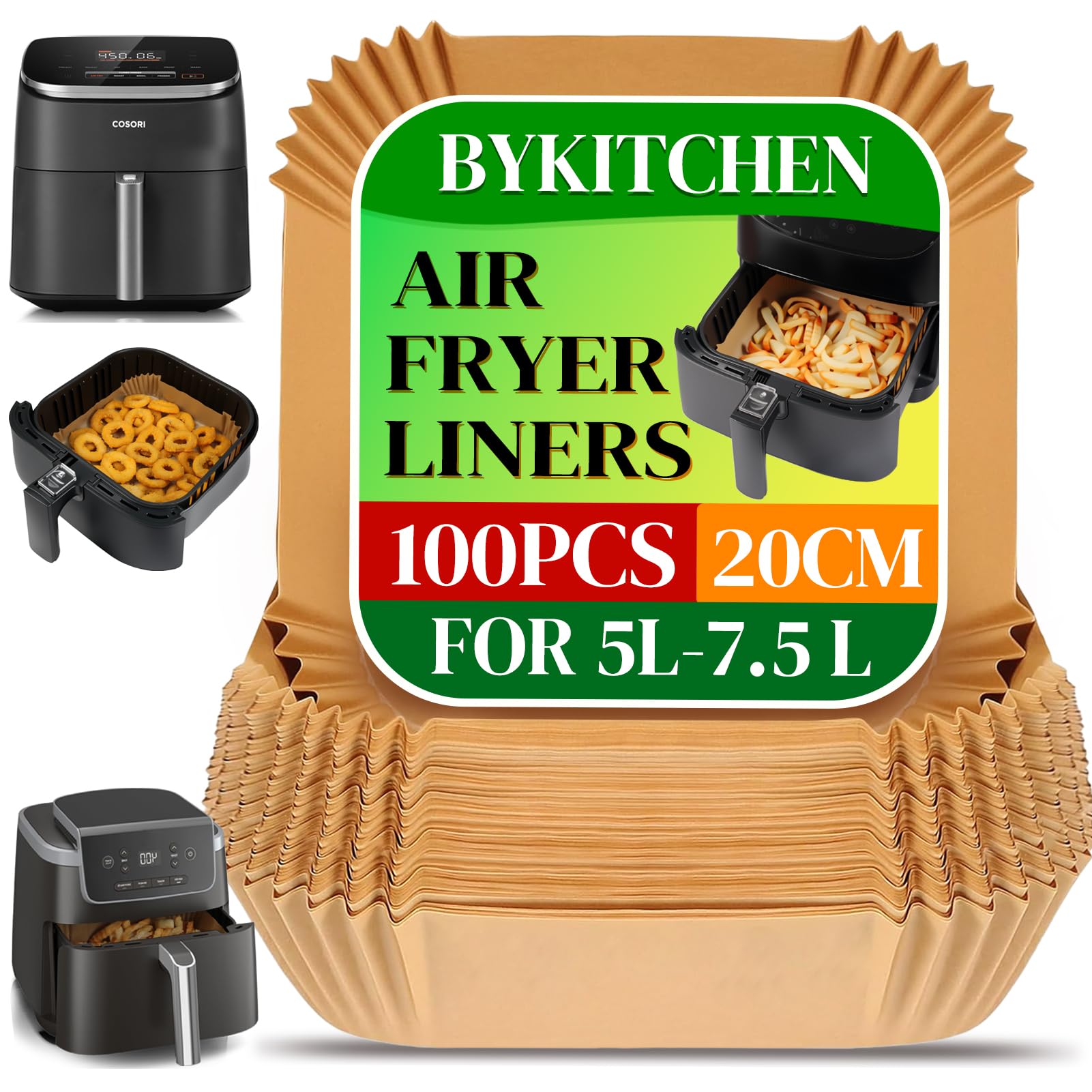 BYKITCHEN 100 Fodere In Carta Per Friggitrice Ad Aria - Quadrate, Non Sbiancate, Antiaderenti, Resistenti Al Calore (232°C), Compatibili Con Ninja, Cosori, Philips