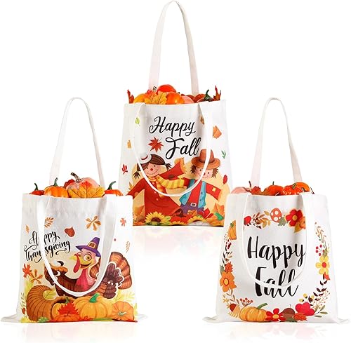 GreenPine - Paquete de 3 bolsas de lona de otoño con diseño de pavo y calabazas, bolsa de mano de algodón reutilizable para Acción de Gracias,