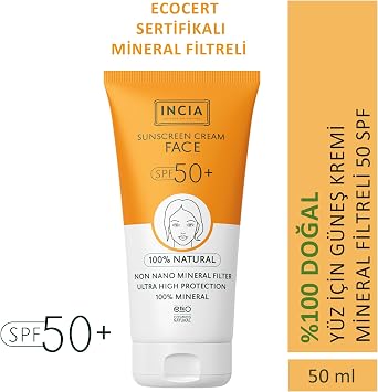 INCIA 100% Natural Face Sunscreen High Protection SPF50 UVA UVB 50 ml with Anti-Stain Mineral Filter
