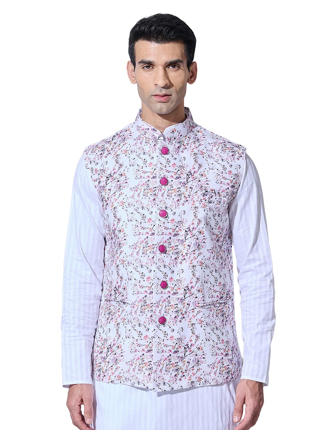 showoffff Men's Floral Printed Pink Nehru Jacket-AK-5063-3_Pink-picture-10
