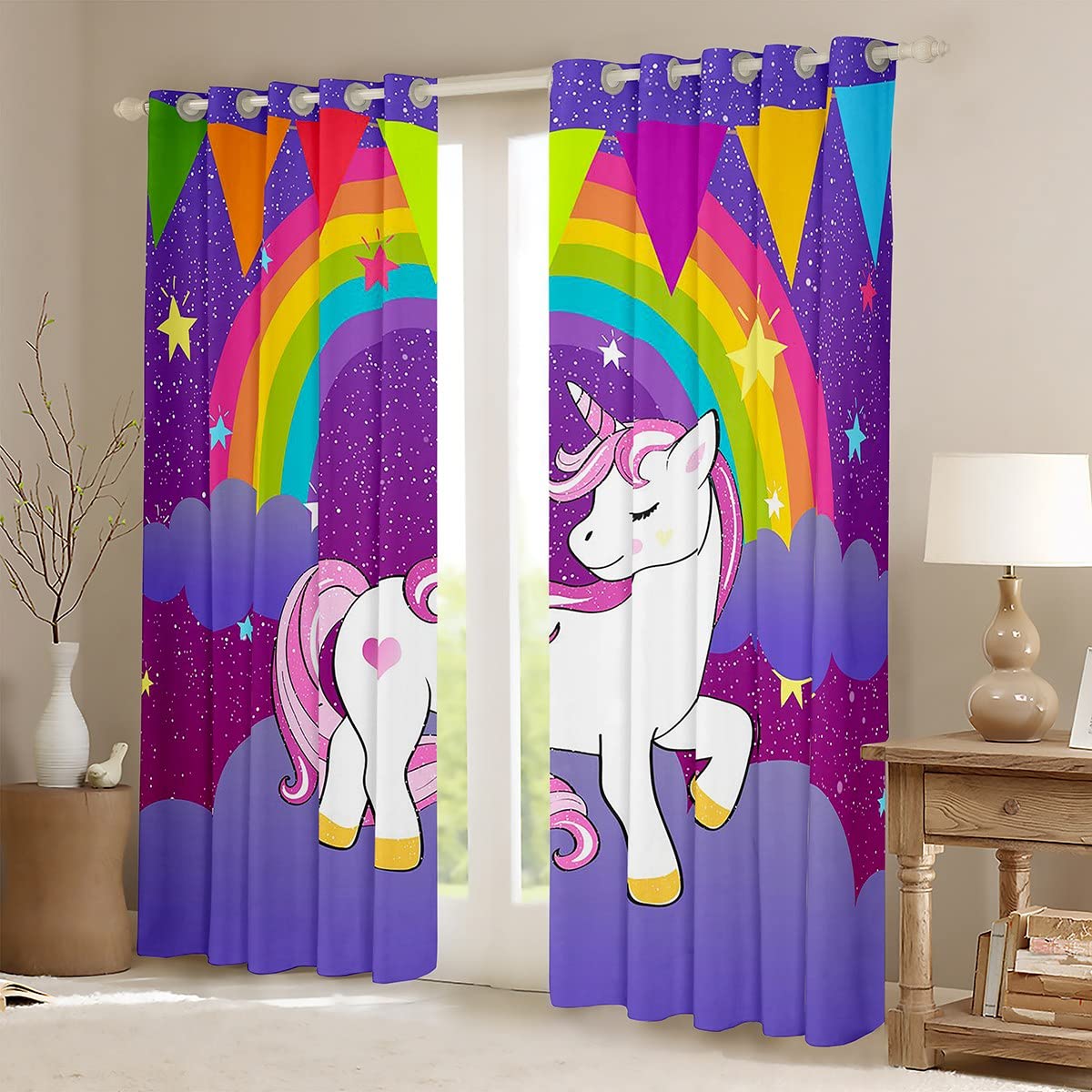 Girls Unicorn Curtain Girls Window Curtains Cute Rainbow Unicorn Print Curtain Kids Cartoon Kawaii Window Curtains Galaxy Stars Fantasy Girls Room Decor Children Unicorn Purple 76